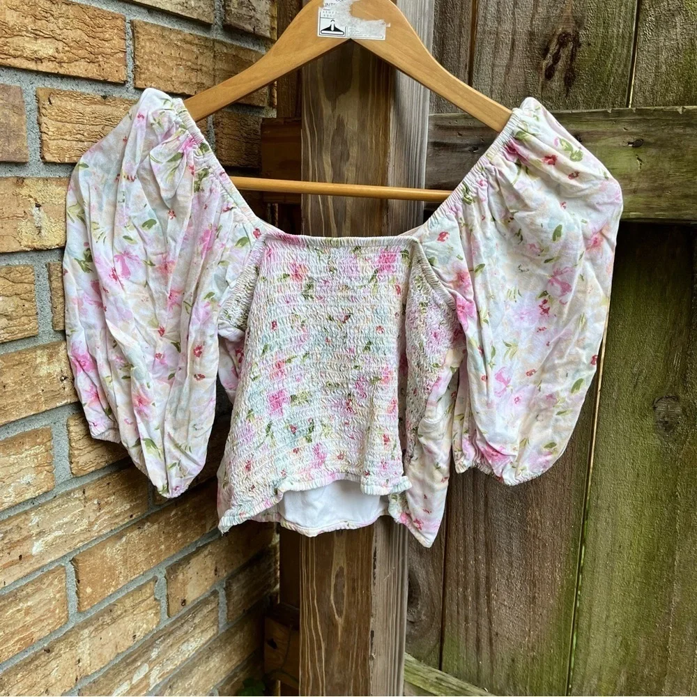 Abercrombie & Fitch Cinched Puff Sleeve Poplin Floral Blouse - Pink and White